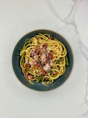 Garlic Cream Bucatini w/ Peas & Asparagus