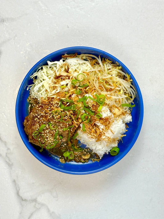 Japanese hambagu w/ mushroom & cheese on rice