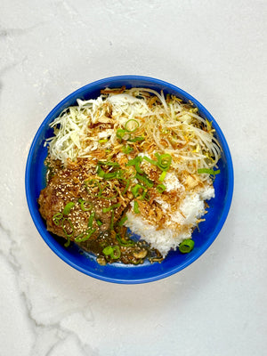 Japanese hambagu w/ mushroom & cheese on rice