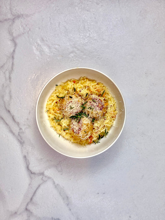Chicken meatballs with leek orzo