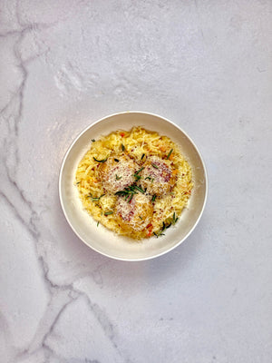 Chicken meatballs with leek orzo