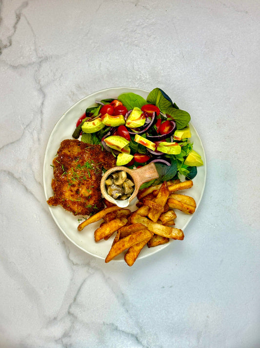Chicken schnitty w/ mushroom sauce, fries & salad