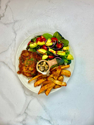 Chicken schnitty w/ mushroom sauce, fries & salad