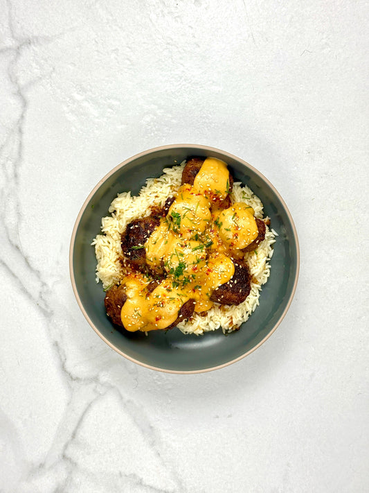 Teriyaki meatballs with spicy miso sauce