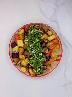 Lamb w/ Crispy Potatoes, Veg & Chimichurri