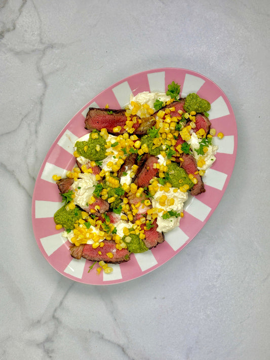 Pesto, corn & burrata steak