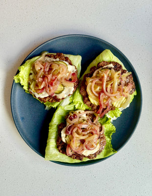 Caramelised onion & beef lettuce burgers