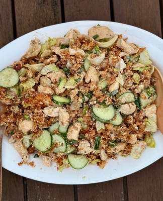 Chicken satay crispy rice salad
