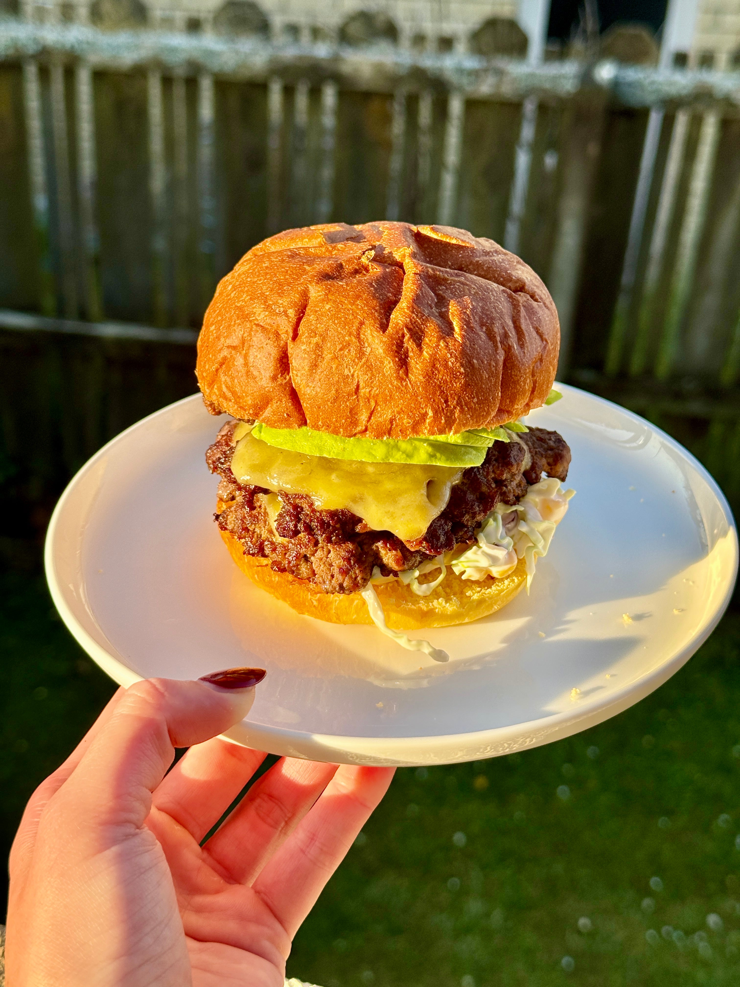 Beef Burgers w/ Avocado, Red Onion & Corn Slaw