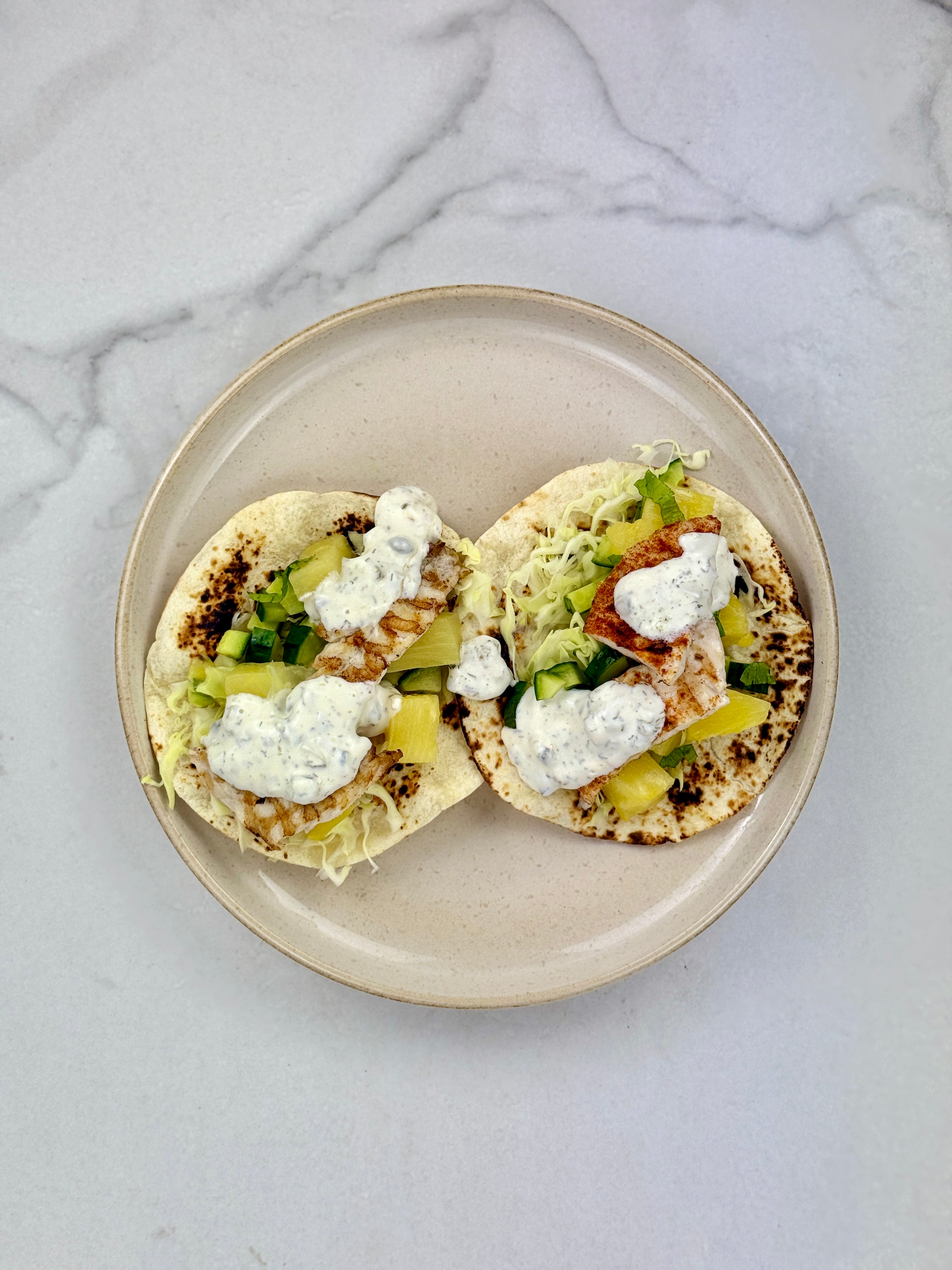 Fish Tacos w/ Cabbage & Pineapple Salsa