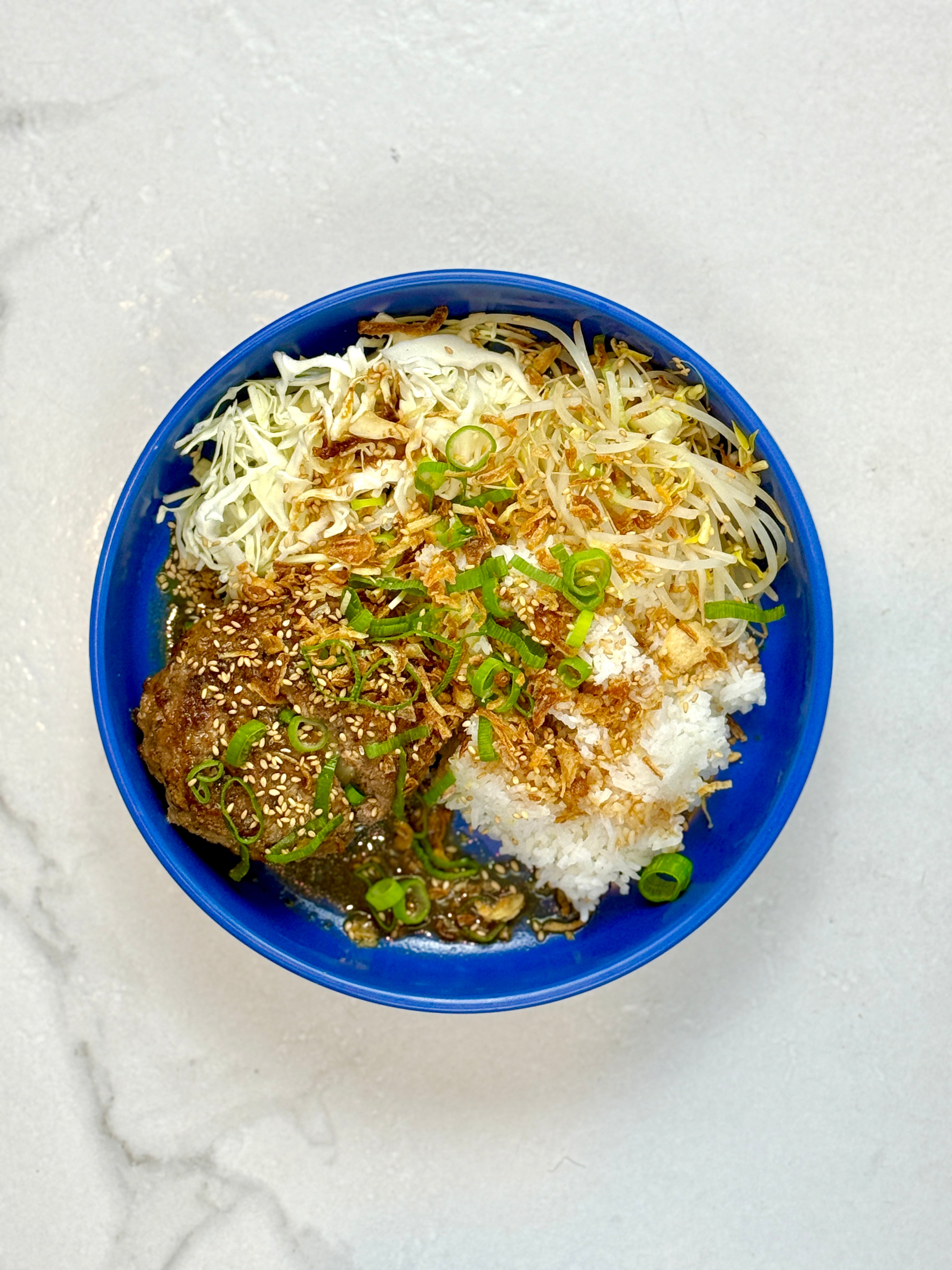 Japanese hambagu w/ mushroom & cheese on rice