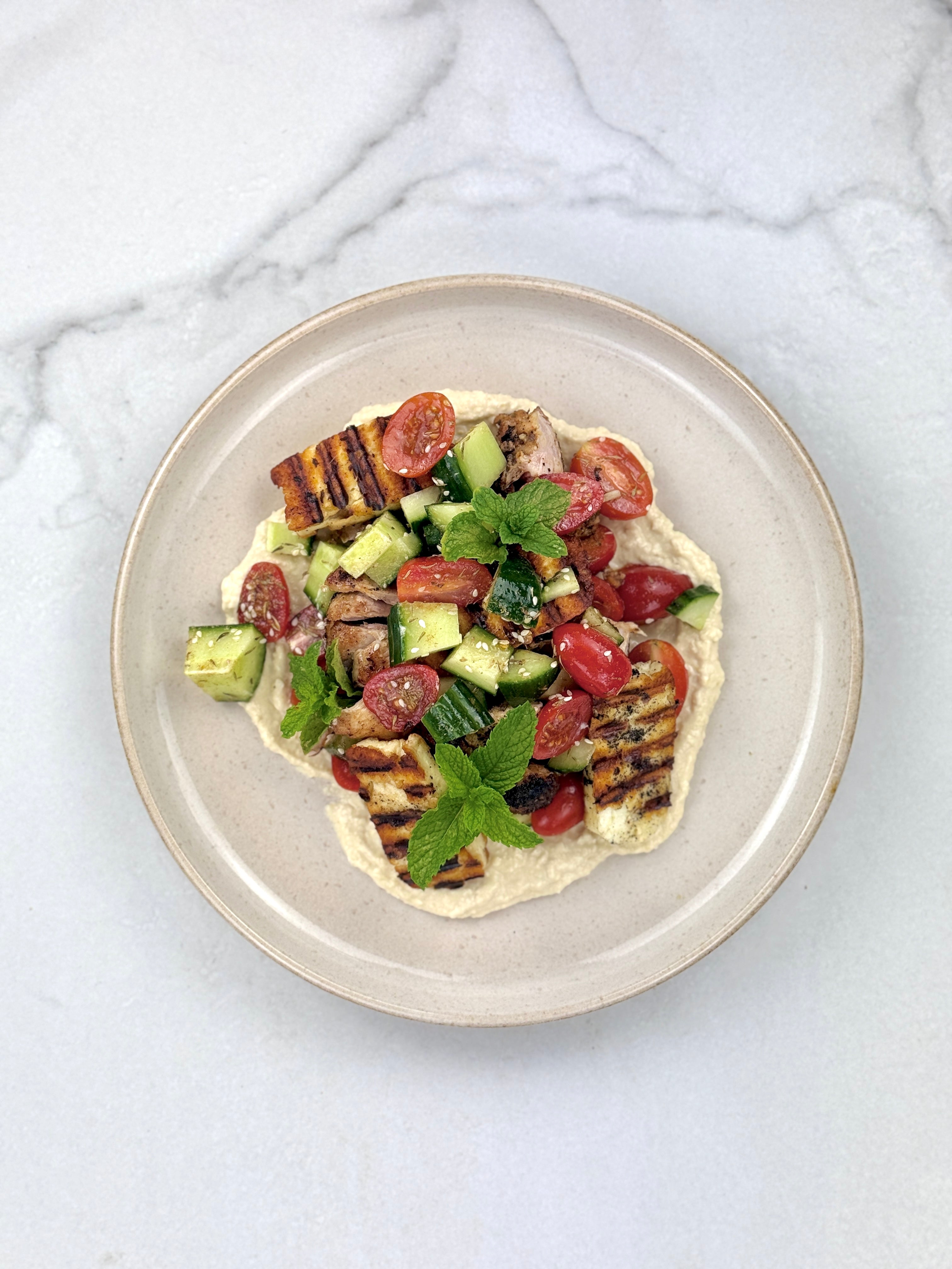 Tomato & Hummus Spread w/ Chicken & Halloumi