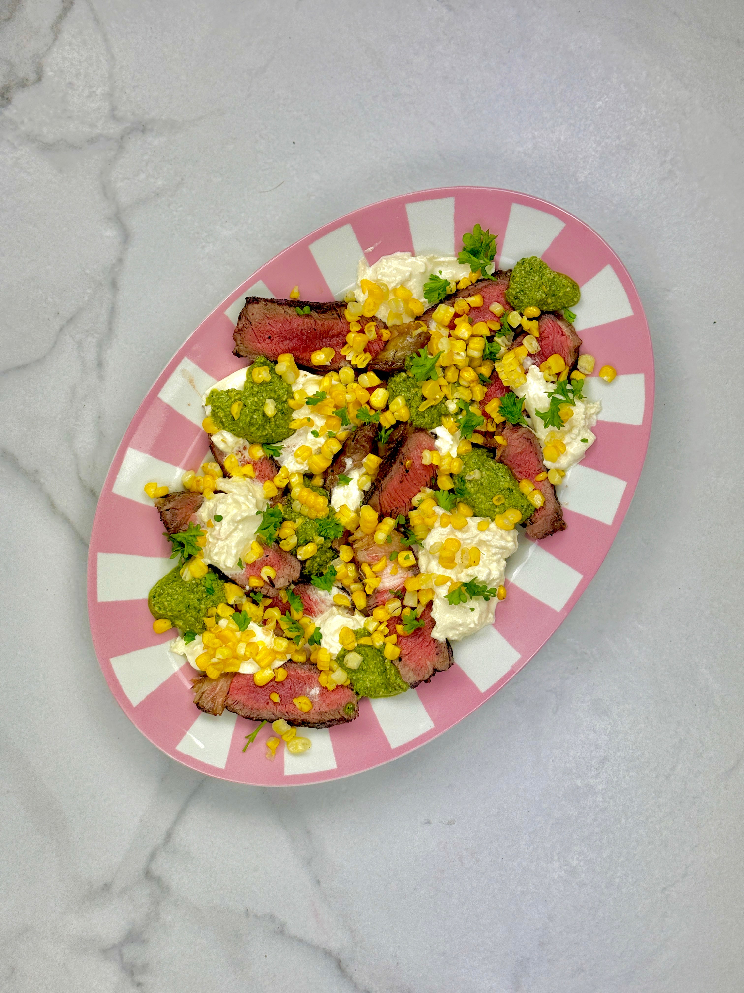 Pesto, corn & burrata steak